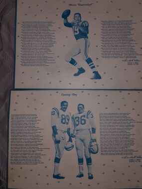 1965 Baltimore Colts Football Placemat Set Day Johnny Unitas Marchetti 11 X 16